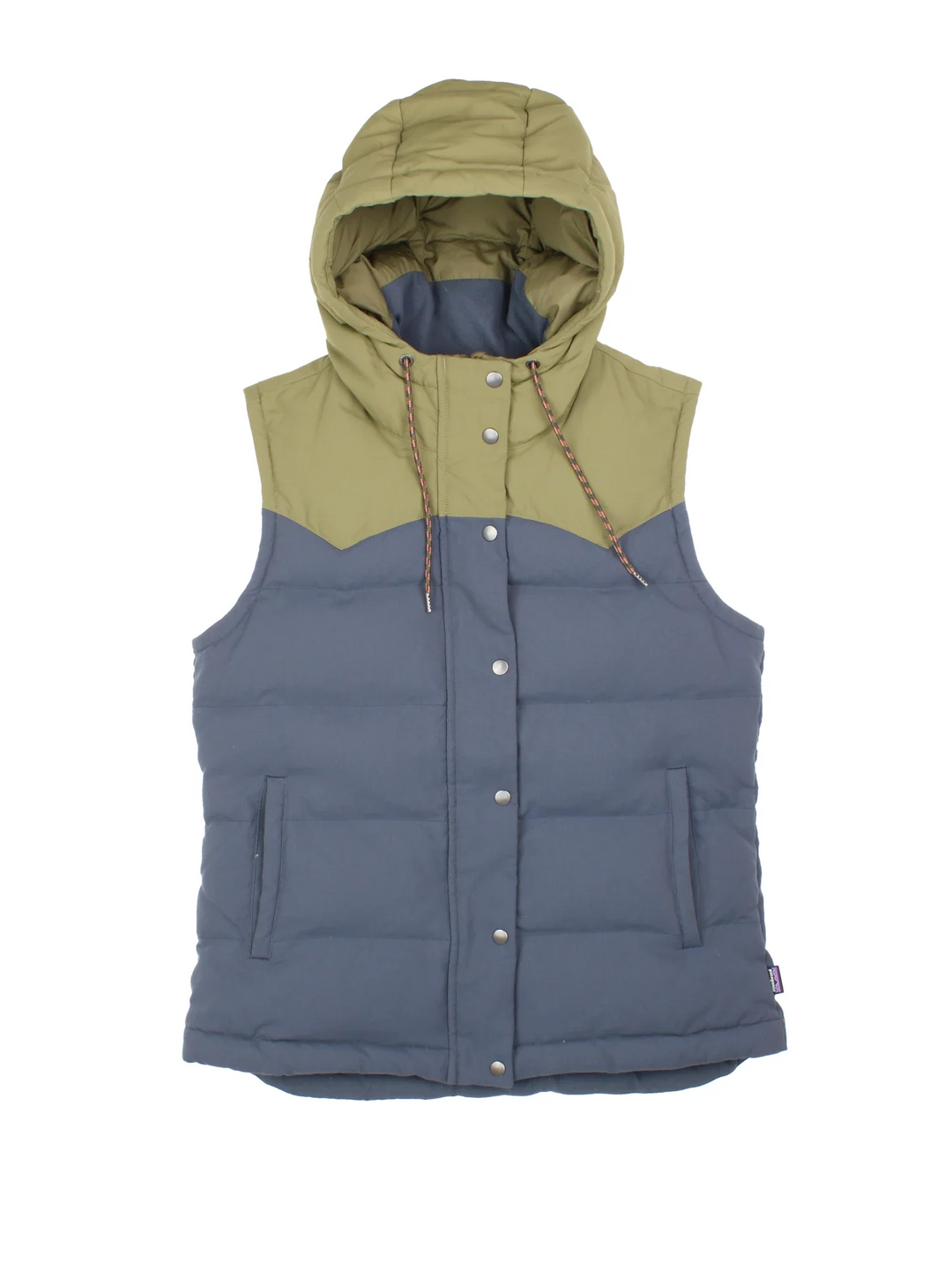 Patagonia Bivy Hooded Gilet in a blue and green colourway. Zip and button up closure, has side pockets, insulated lining, and has the logo tab embroidered on the left side.
