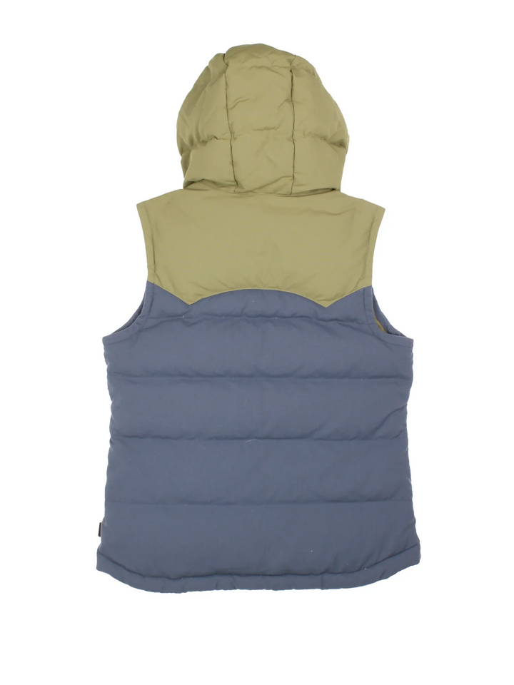 Patagonia Bivy Hooded Gilet in a blue and green colourway. Zip and button up closure, has side pockets, insulated lining, and has the logo tab embroidered on the left side.