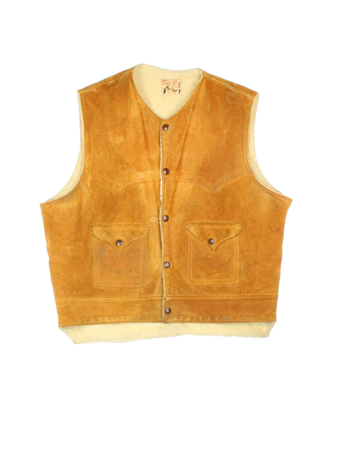 Vintage 1960's Bay River Of San Jose California Western Suede Leather Vest in a tan colourway. Buttons up and has front pockets, sherpa insulated lining and western .