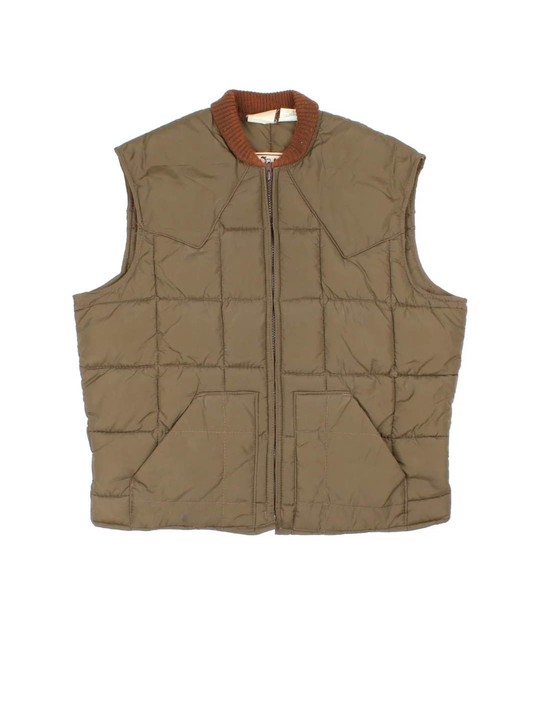 Vintage 80's Walls Puffer Gilet in a brown colourway. Zips up and has side pockets, insulated lining and has contrast stitching.