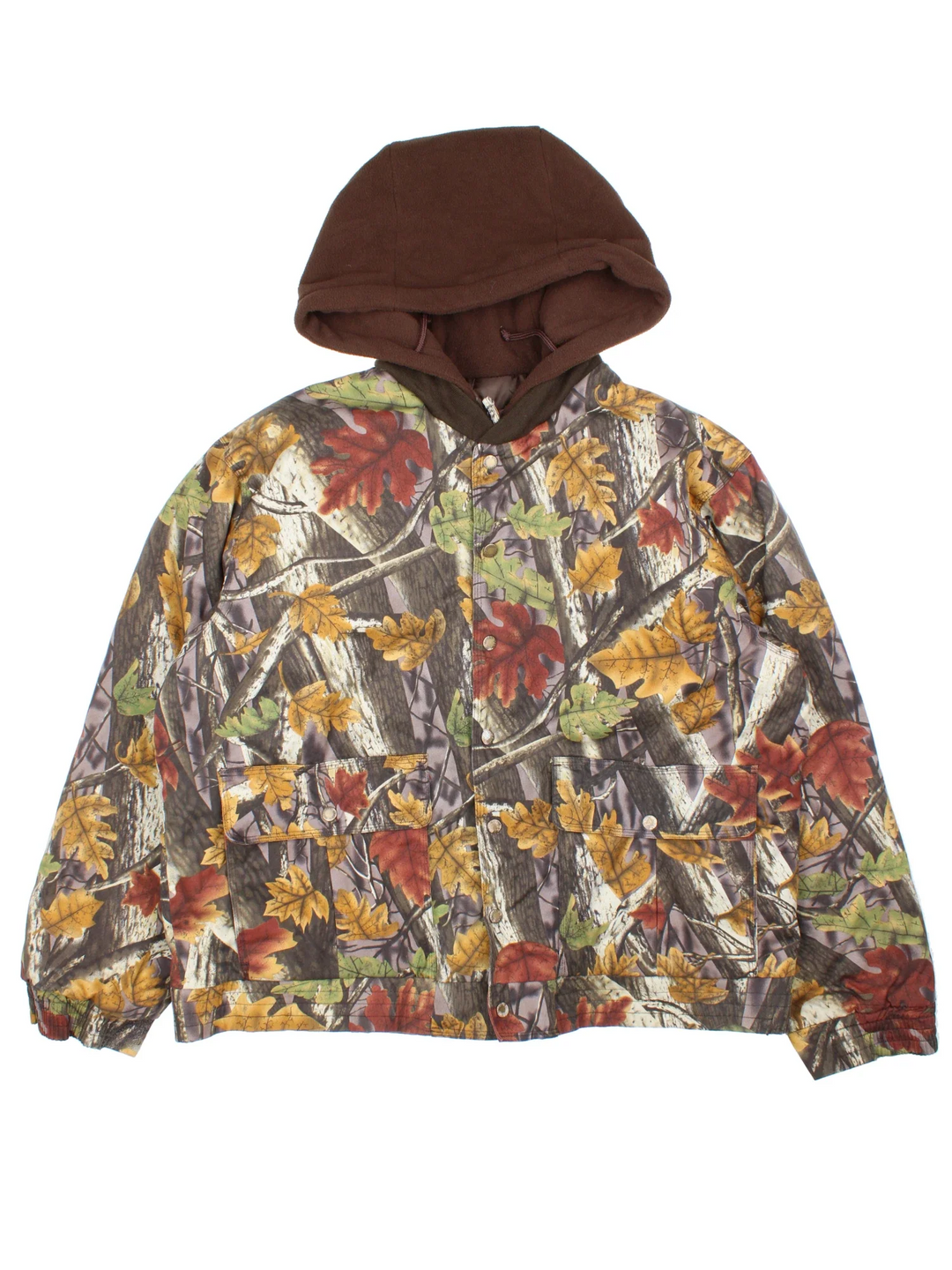 Vintage Real Tree Camo Hooded Jacket in a brown colourway. Zip and button up closure, has multiple pockets, insulated with a quilted lining, and hooded.