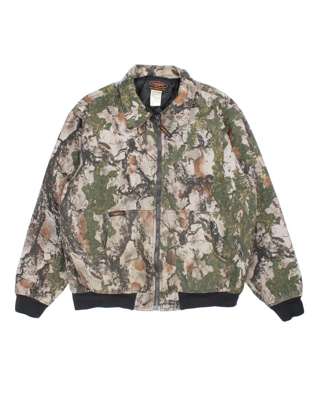 Vintage Yukon Gear Camo Bomber Jacket in a green colourway. Zips up and has side pockets, insulated with a quilted lining, and has the logo embroidered on the front.