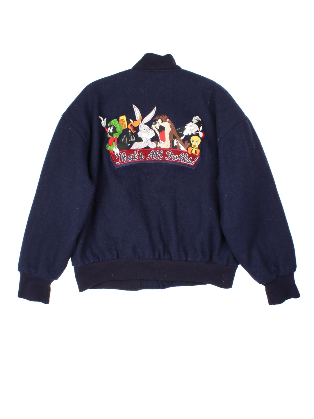 1998 Warner Bros Looney Tunes Woollen Varsity Jacket in a navy blue colourway. Buttons up and has side pockets, insulated with a quilted lining, and has the logo embroidered on the front and characters / spell out on the back.