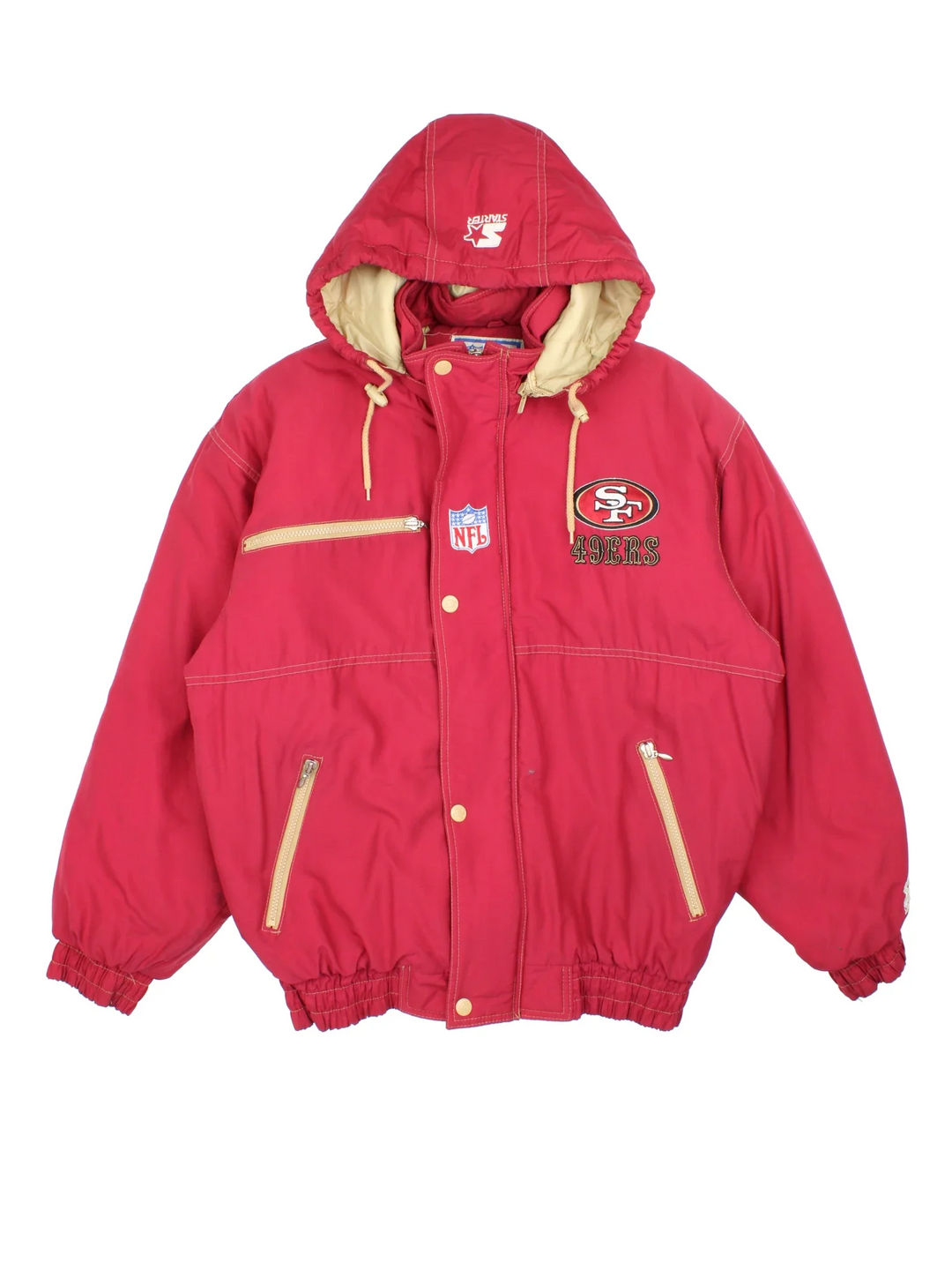 90's San Francisco 49ers NFL Starter Jacket in a red colourway. Zip and button up closure, has multiple pockets, insulated lining, hooded, and has the team logo embroidered on the front and on the back.