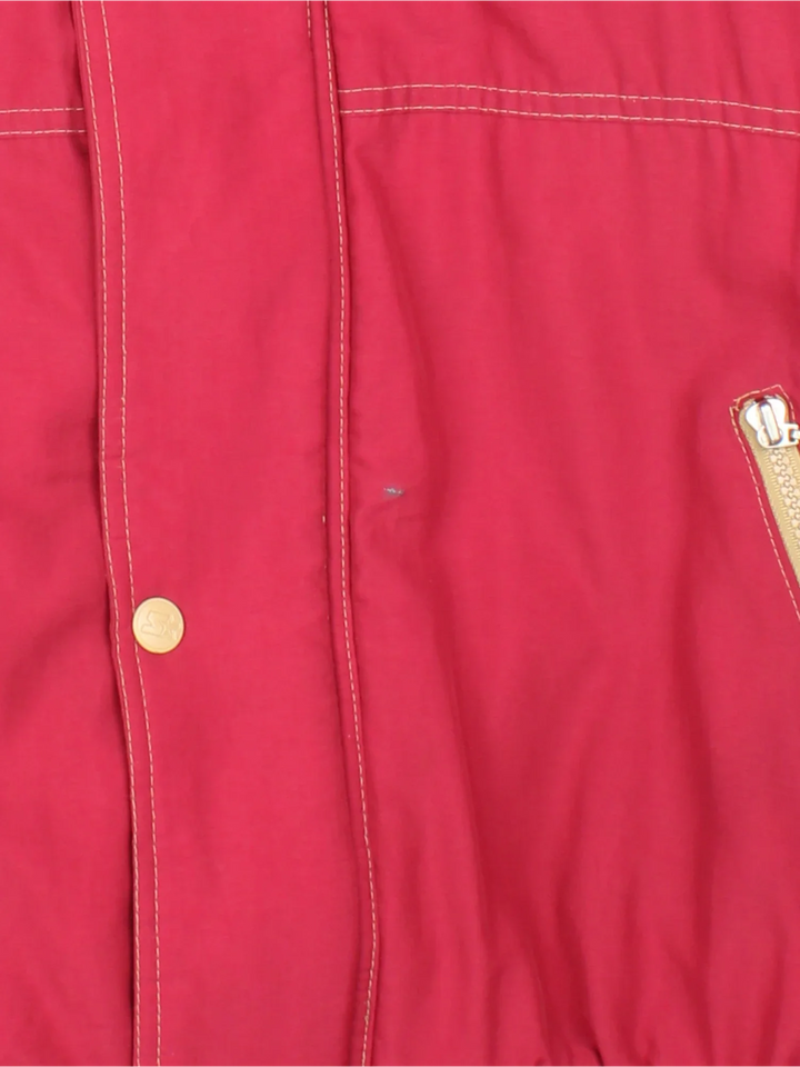 90's San Francisco 49ers NFL Starter Jacket in a red colourway. Zip and button up closure, has multiple pockets, insulated lining, hooded, and has the team logo embroidered on the front and on the back.