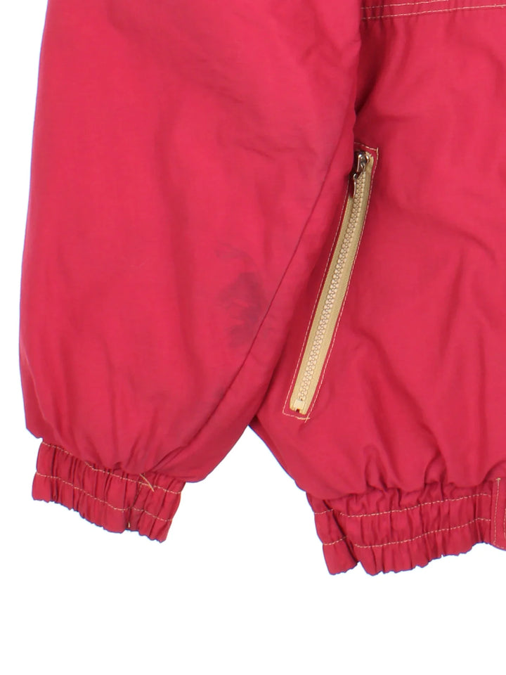 90's San Francisco 49ers NFL Starter Jacket in a red colourway. Zip and button up closure, has multiple pockets, insulated lining, hooded, and has the team logo embroidered on the front and on the back.