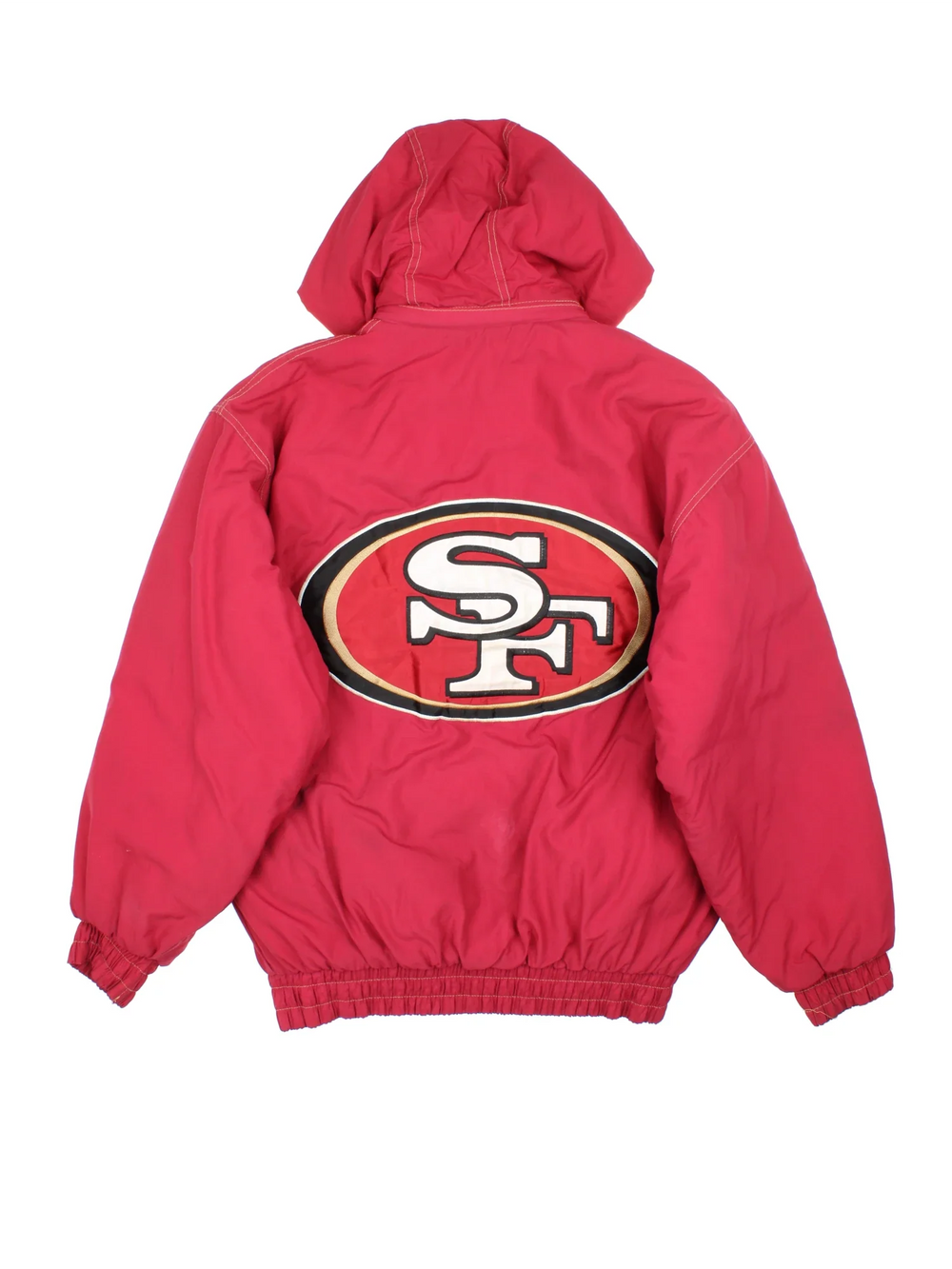 90's San Francisco 49ers NFL Starter Jacket in a red colourway. Zip and button up closure, has multiple pockets, insulated lining, hooded, and has the team logo embroidered on the front and on the back.
