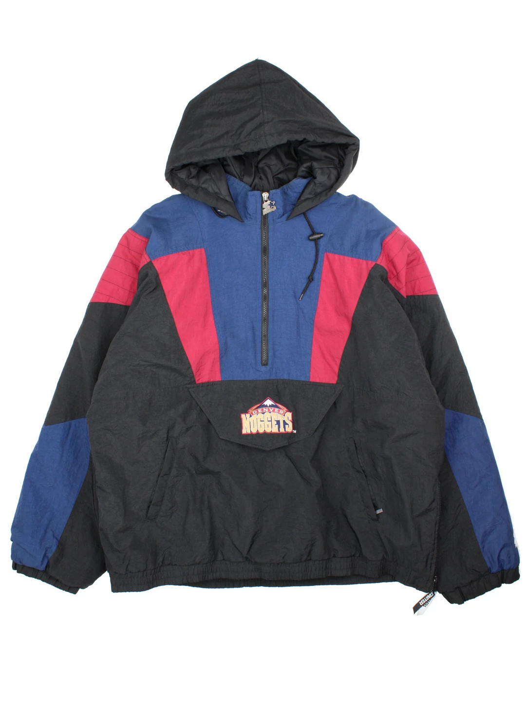 90's Denver Nuggets NBA Starter Jacket in a black colourway with blue and red panelling. Half zip up closure, has multiple pockets, insulated lining, and has the team logo embroidered on the front and back.