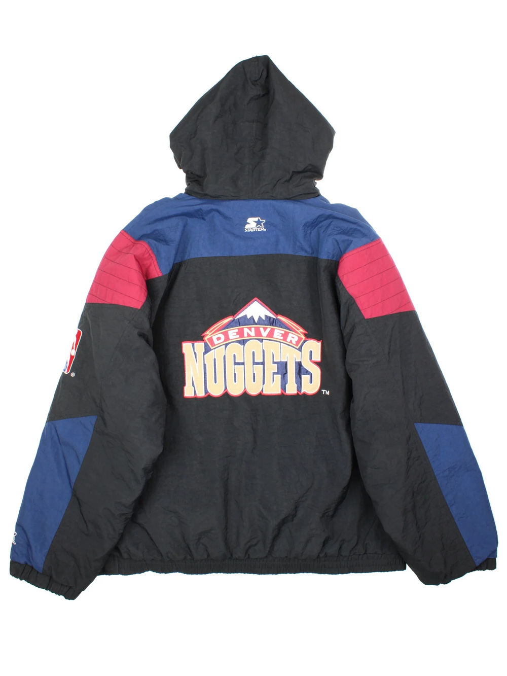 90's Denver Nuggets NBA Starter Jacket in a black colourway with blue and red panelling. Half zip up closure, has multiple pockets, insulated lining, and has the team logo embroidered on the front and back.
