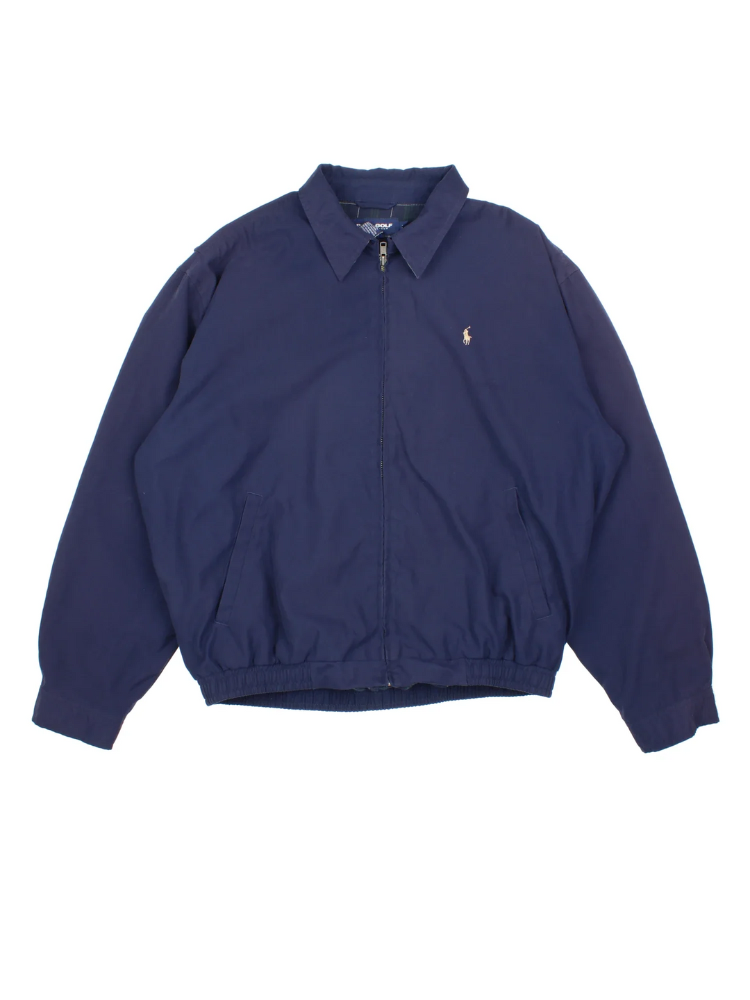 Vintage Ralph Lauren Harrington Golf Jacket in a blue colourway. Full zip up and has side pockets, large collar and small classic logo on the front.