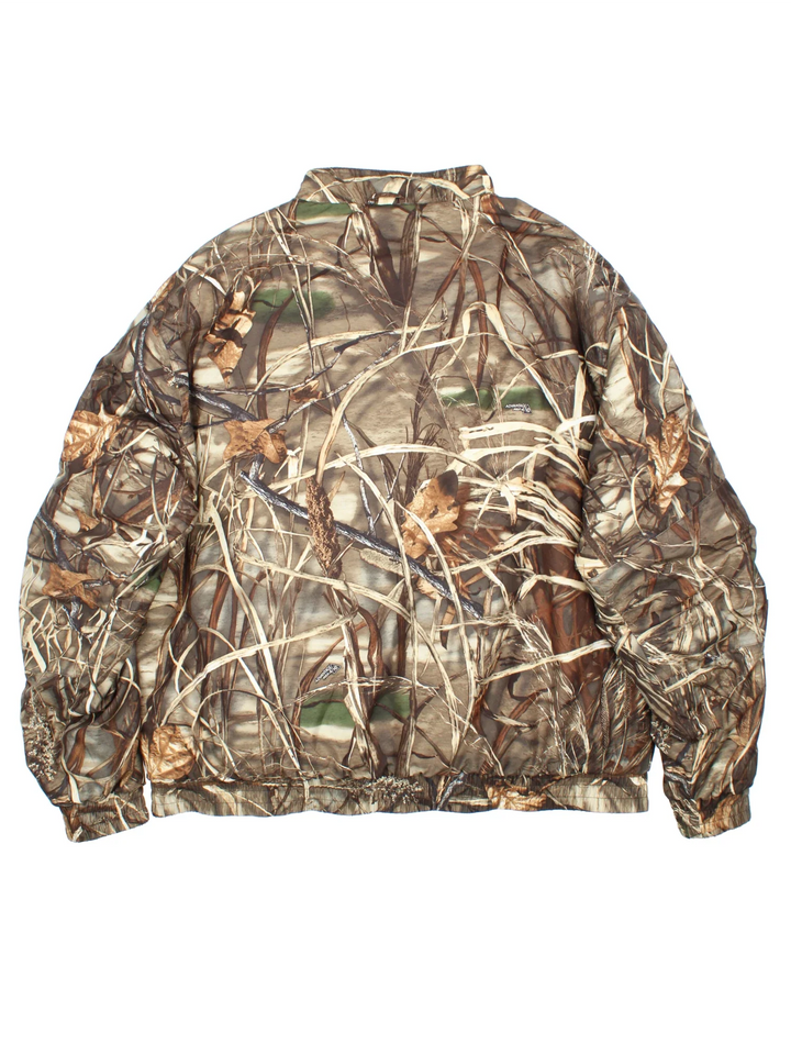 Vintage Real Tree Camo Reversible Bomber Jacket in a brown colourway with dark grey revesible side. Full zip up, multiple pockets and all over camo print on one side.