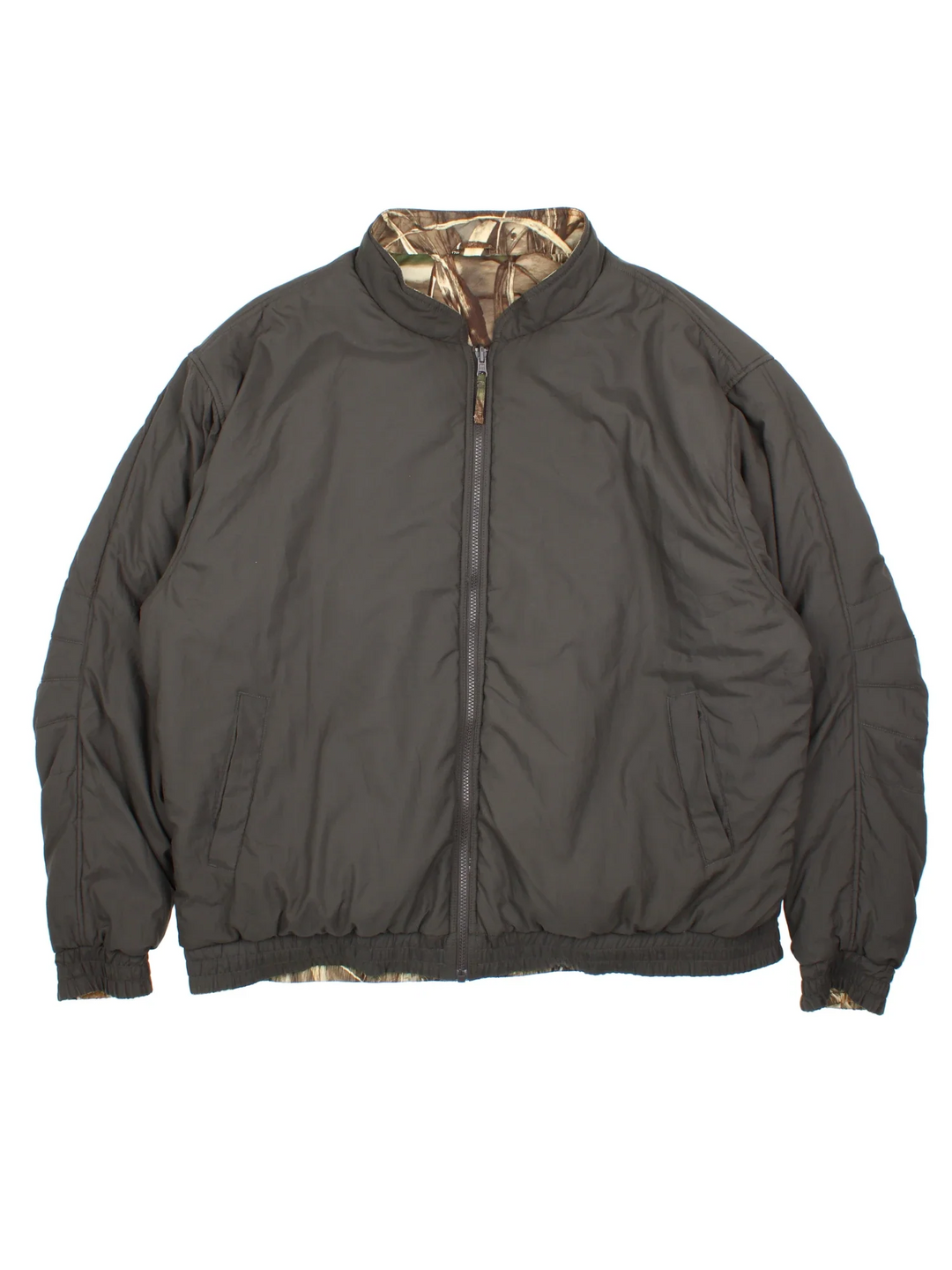 Vintage Real Tree Camo Reversible Bomber Jacket in a brown colourway with dark grey revesible side. Full zip up, multiple pockets and all over camo print on one side.