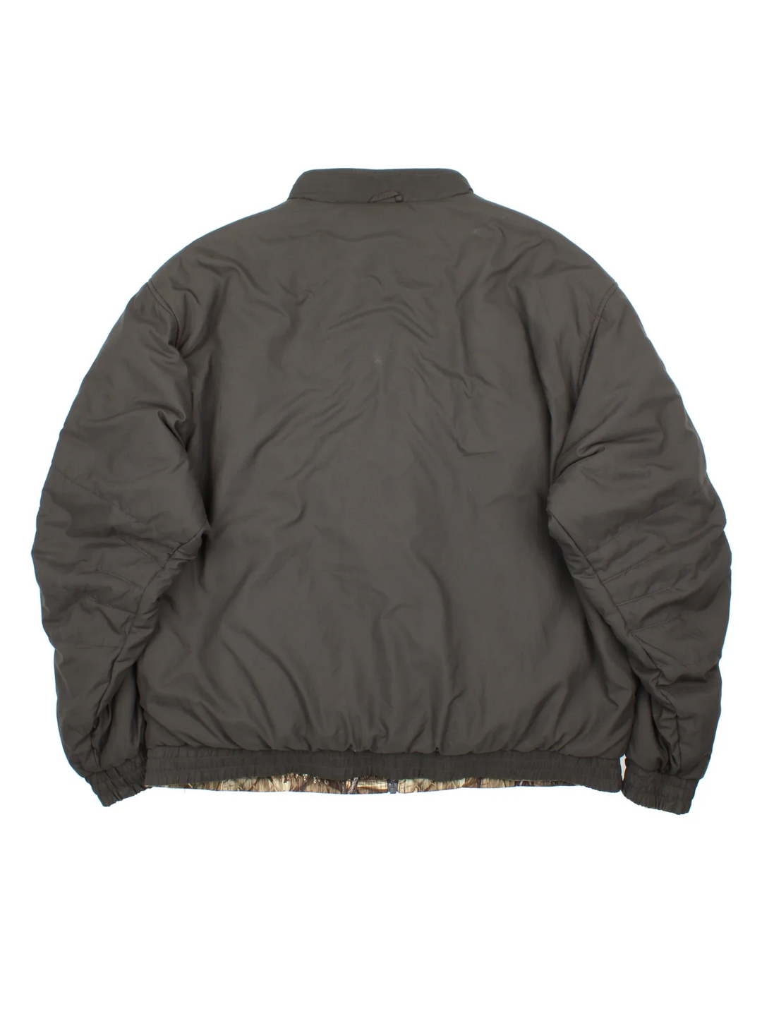 Vintage Real Tree Camo Reversible Bomber Jacket in a brown colourway with dark grey revesible side. Full zip up, multiple pockets and all over camo print on one side.