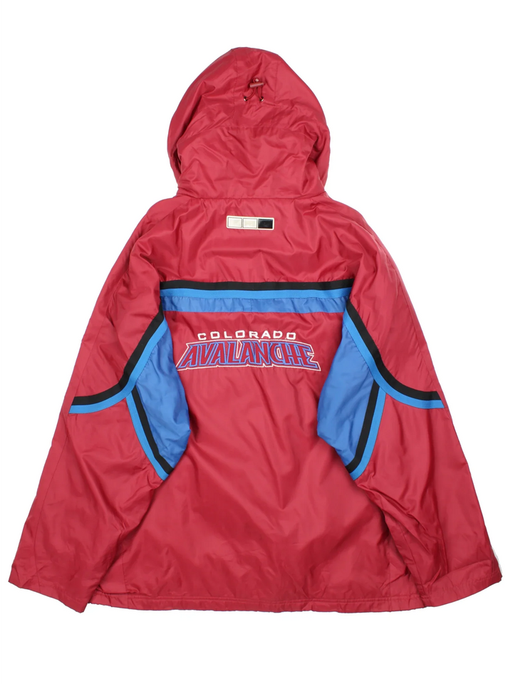 Colorado Avalanche NHL Jacket in a red colourway with blue and black panelling, Full zip up with multiple pockets, Drawstring hem and hood with large logo graphic across the back.