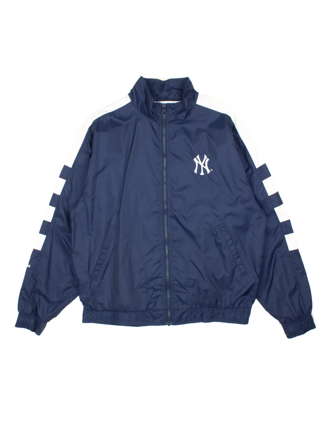New York Yankees Adidas MLB Windbreaker in a blue colourway with white panelling on the sleeves, full zip up with multiple pockets and small logo on the chest.