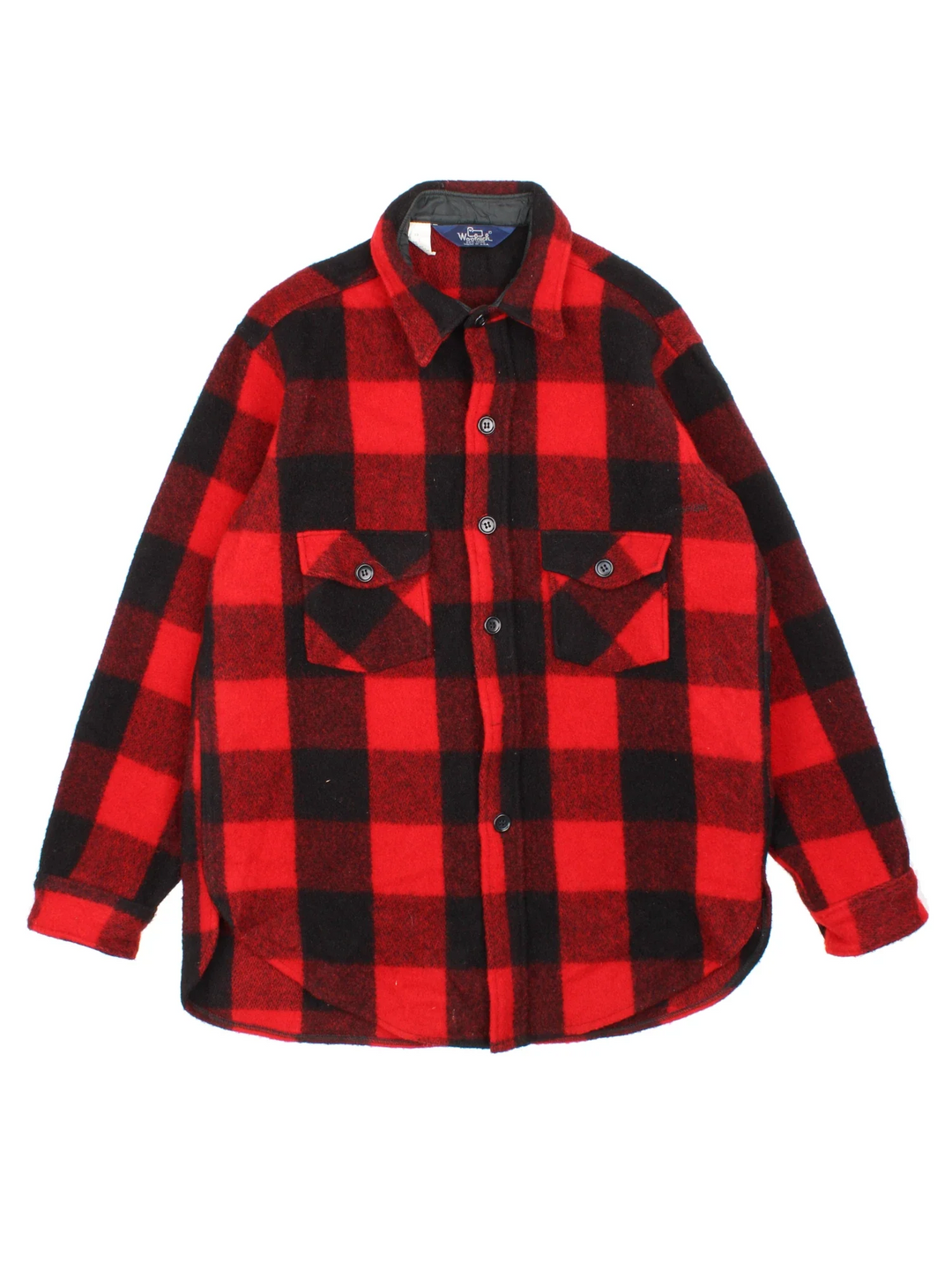 Woolrich CPO Jacket in a red and black colourway with full button up and multiple pockets. All over plaid patterning.