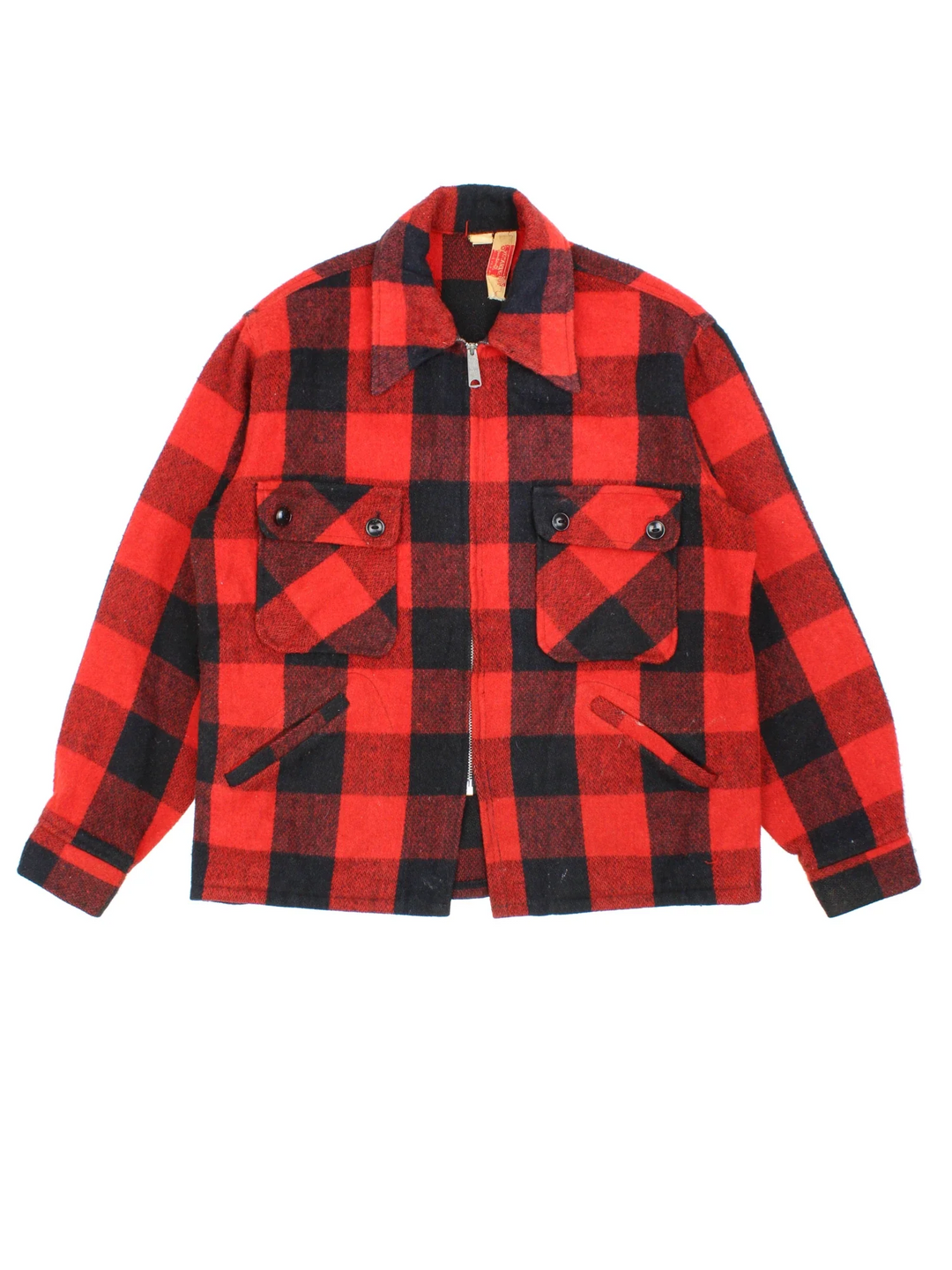 Vintage Sheraton Woollen Flannel Jacket in a red and black colourway with full zip up and multiple pockets. All over plaid patterning.