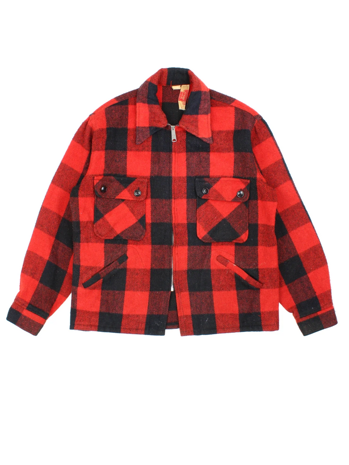 Vintage Sheraton Woollen Flannel Jacket in a red and black colourway with full zip up and multiple pockets. All over plaid patterning.