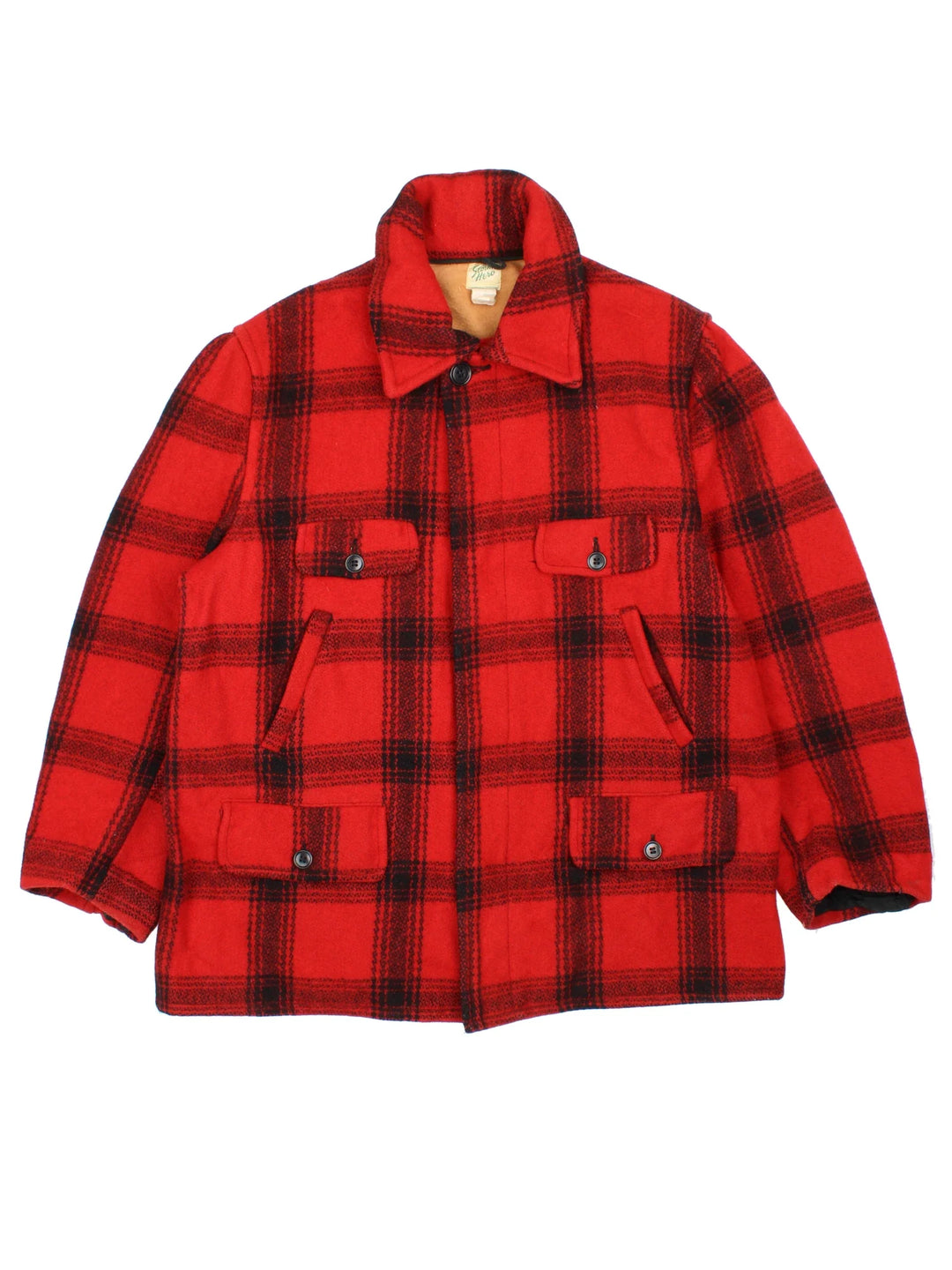 Vintage Woollen Flannel Coat in a red and black colourway with full button up and multiple pockets. All over checked patterning.