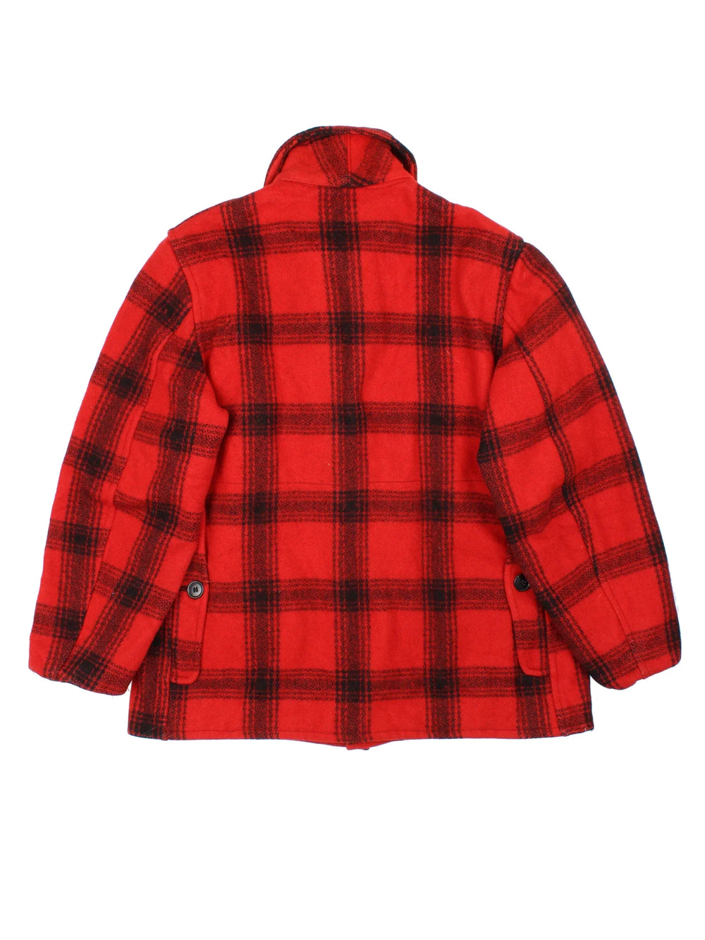 Vintage Woollen Flannel Coat in a red and black colourway with full button up and multiple pockets. All over checked patterning.