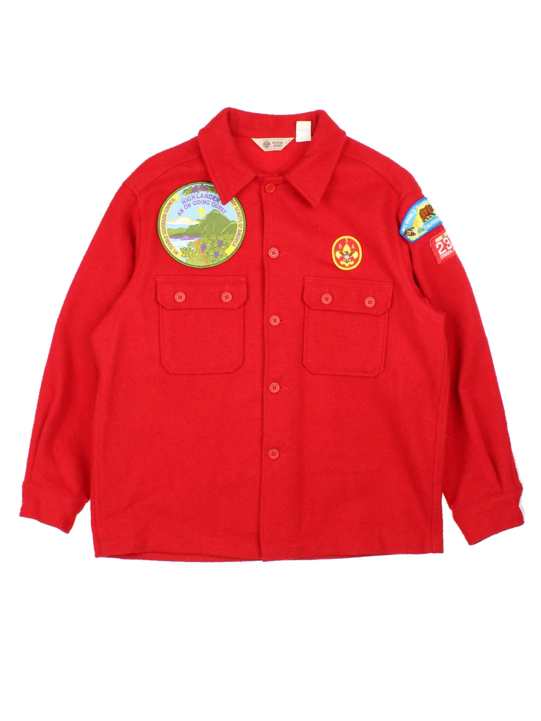 Vintage Boy Scouts Of America Jacket in a red colourway with full button up and multiple pockets. Large patch logo on the front and multiple scout badges all over the back.