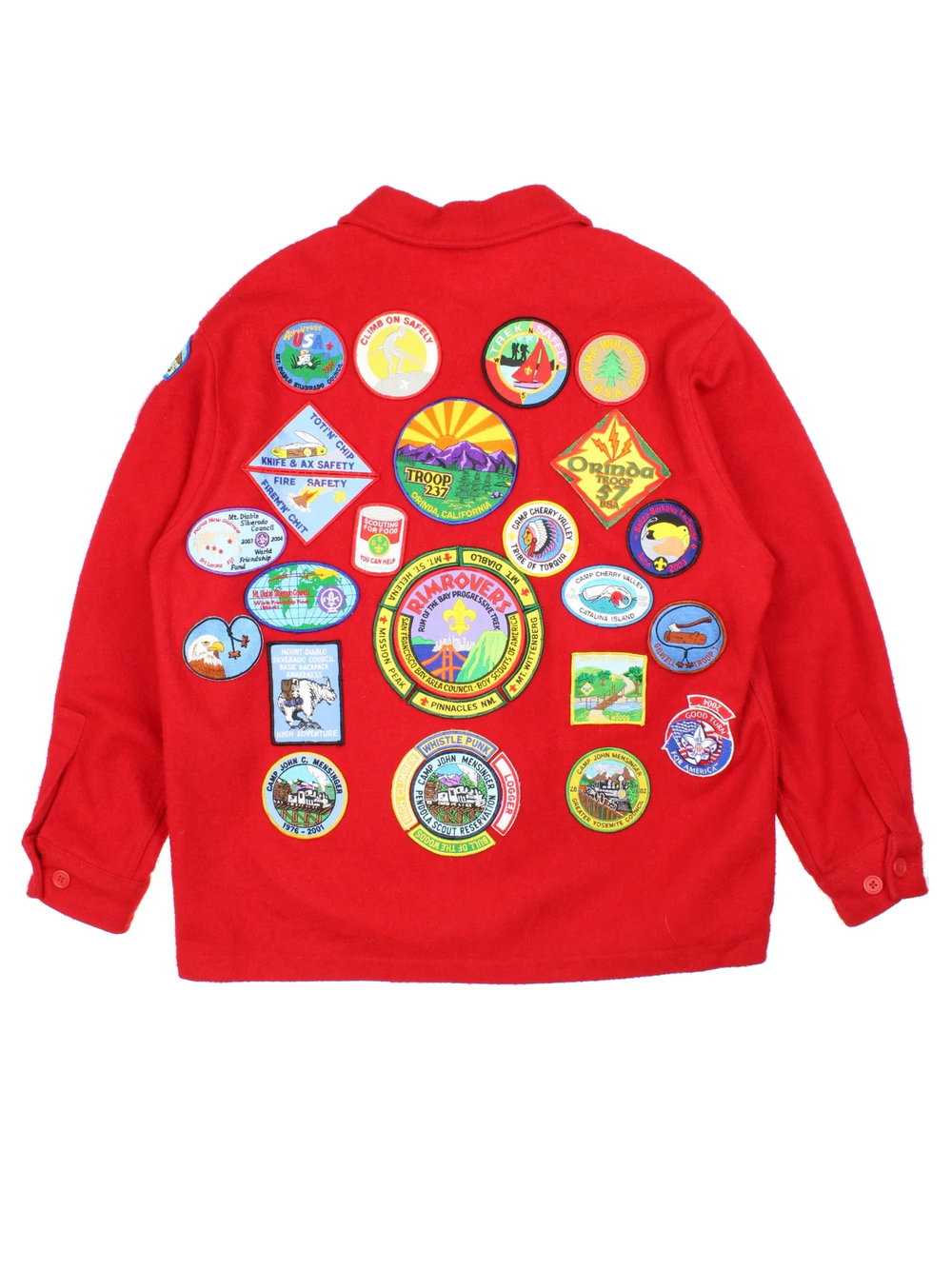 Vintage Boy Scouts Of America Jacket in a red colourway with full button up and multiple pockets. Large patch logo on the front and multiple scout badges all over the back.