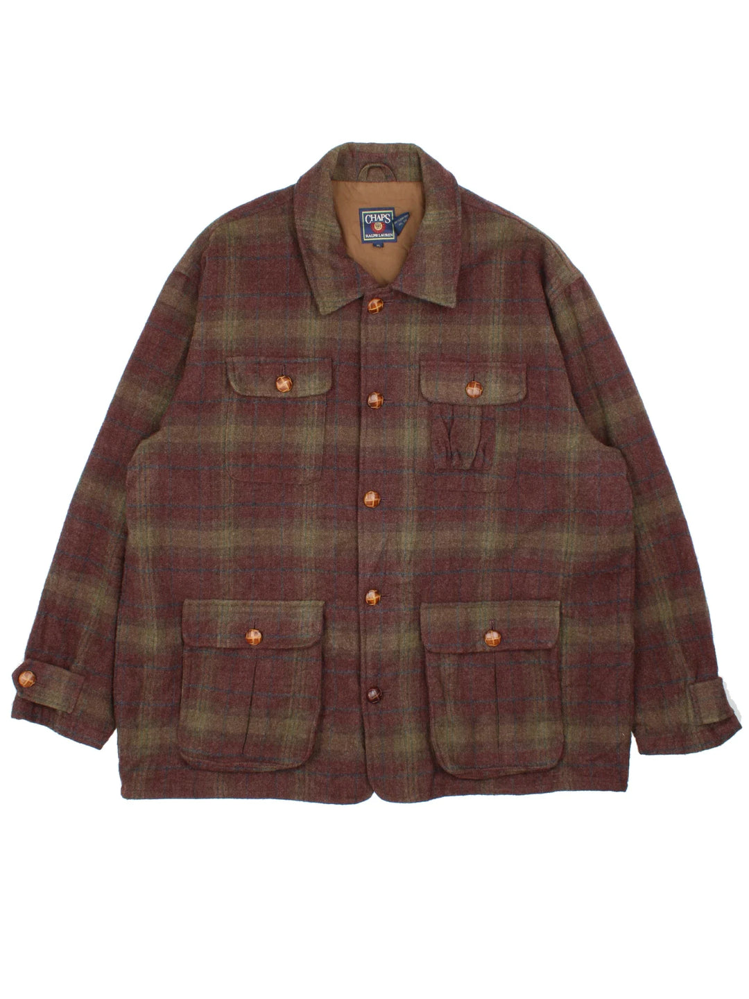 Ralph Lauren Chaps Woollen Flannel Jacket in a brown colourway with all over checked pattern. Full button up with wooden hardware and multiple pockets on the front.
