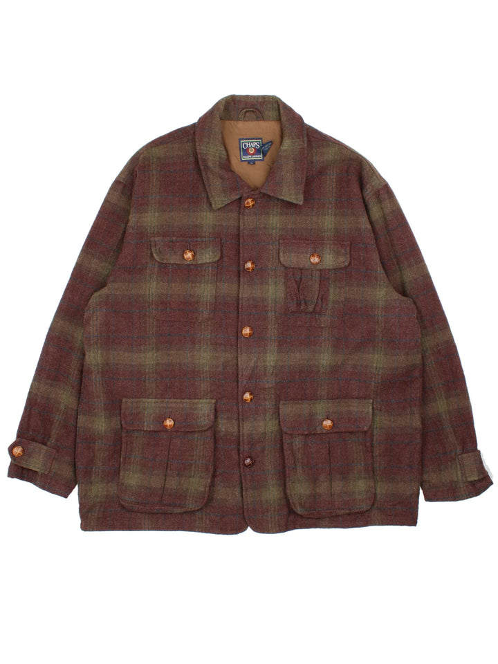 Ralph Lauren Chaps Woollen Flannel Jacket in a brown colourway with all over checked pattern. Full button up with wooden hardware and multiple pockets on the front.