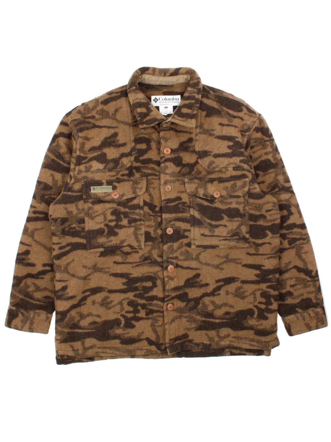 Columbia Wool Blend Vintage Outdoor Jacket in a brown colourway with all over camo pattern. Full button up and has multiple pockets on the front.
