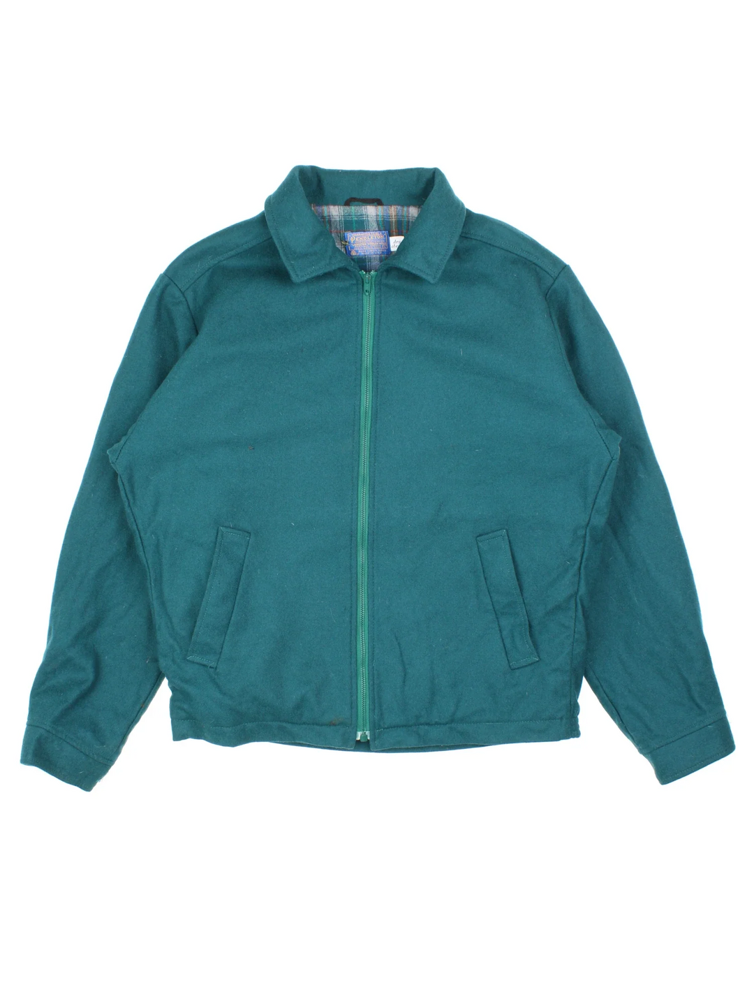 Pendleton Bomber Jacket  in a green colourway with full zip up and multiple pockets. Large collar and plaid inside lining.