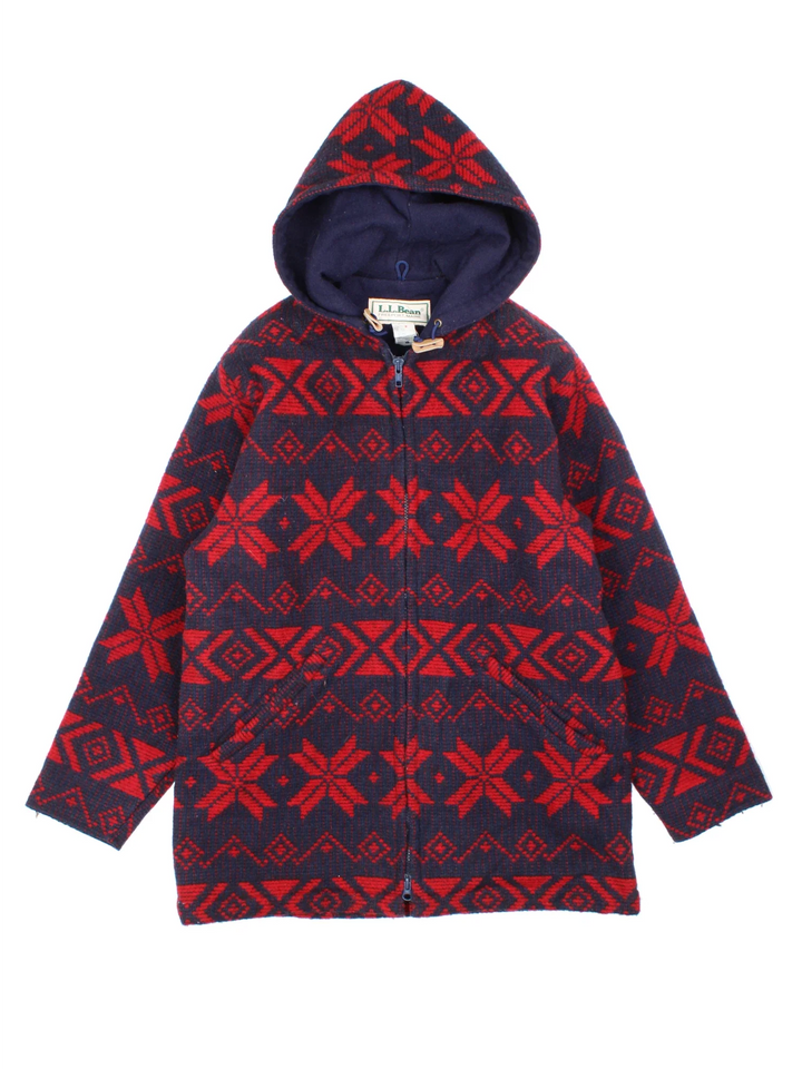 L.L Bean Wool Jacket in a blue colourway with a red all over Nordic style pattern. Full zip up, hood and has pockets on the front. 