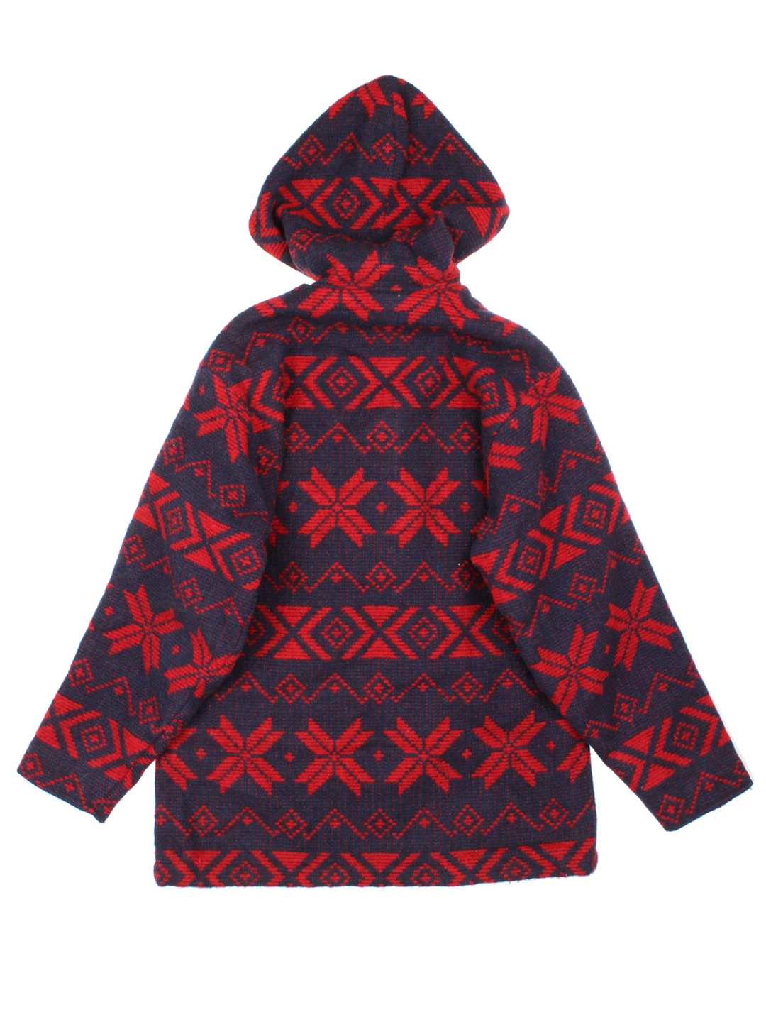 L.L Bean Wool Jacket in a blue colourway with a red all over Nordic style pattern. Full zip up, hood and has pockets on the front. 