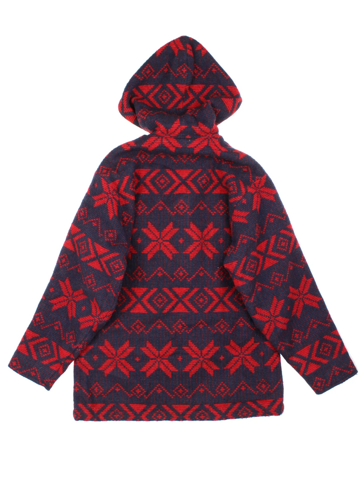 L.L Bean Wool Jacket in a blue colourway with a red all over Nordic style pattern. Full zip up, hood and has pockets on the front. 