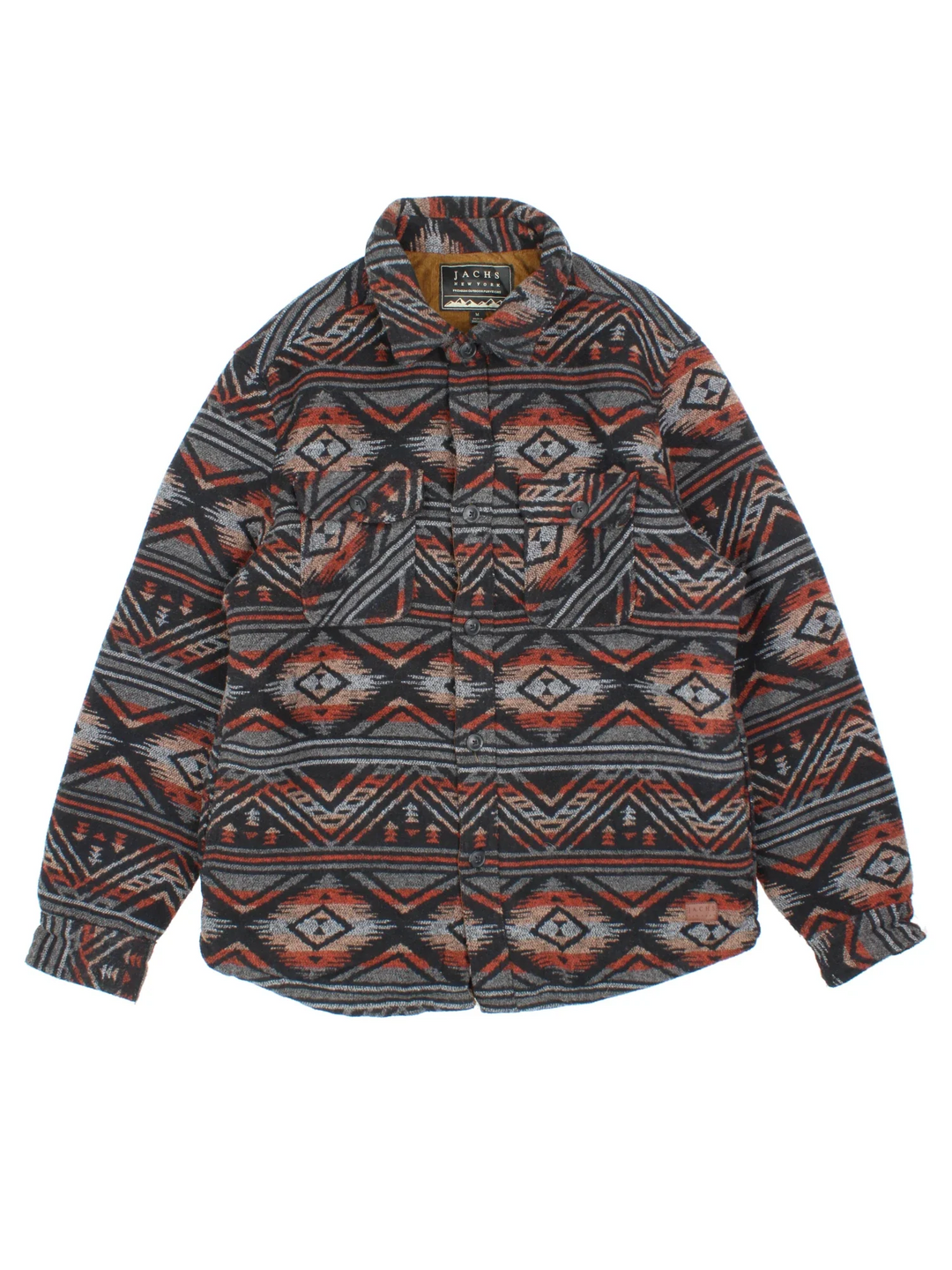 Vintage Jachs Wool Blend Azect Jacket in a grey colourway with all over aztec pattern. Full button up, large collar, fleeced lining and large pockets on the front. 