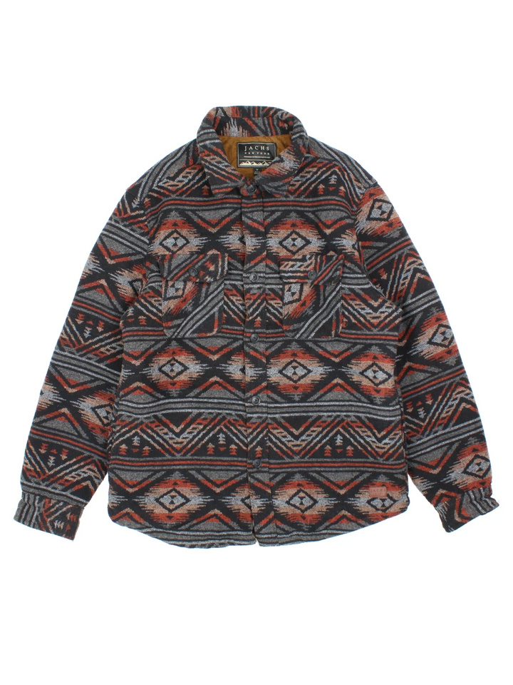 Vintage Jachs Wool Blend Azect Jacket in a grey colourway with all over aztec pattern. Full button up, large collar, fleeced lining and large pockets on the front. 