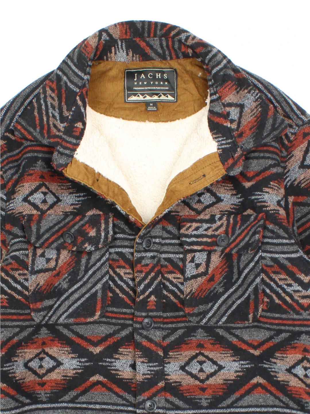 Vintage Jachs Wool Blend Azect Jacket in a grey colourway with all over aztec pattern. Full button up, large collar, fleeced lining and large pockets on the front. 