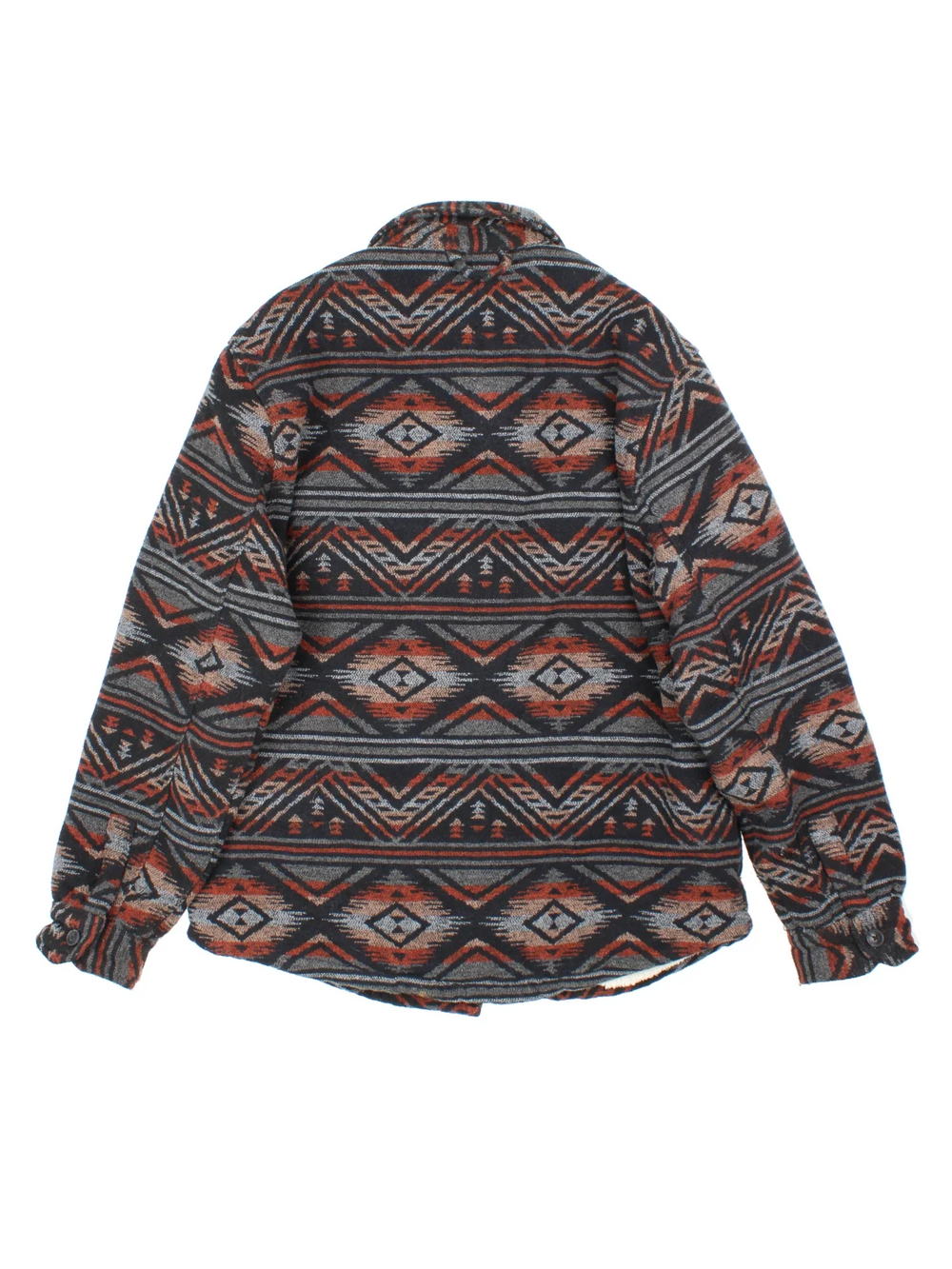 Vintage Jachs Wool Blend Azect Jacket in a grey colourway with all over aztec pattern. Full button up, large collar, fleeced lining and large pockets on the front. 