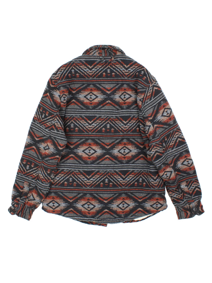 Vintage Jachs Wool Blend Azect Jacket in a grey colourway with all over aztec pattern. Full button up, large collar, fleeced lining and large pockets on the front. 