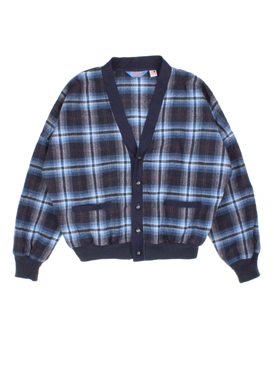 Vintage Pendleton Plaid Cardigan in a blue colourway with all over plaid pattern. Button up with cuffed hem and sleeves. 