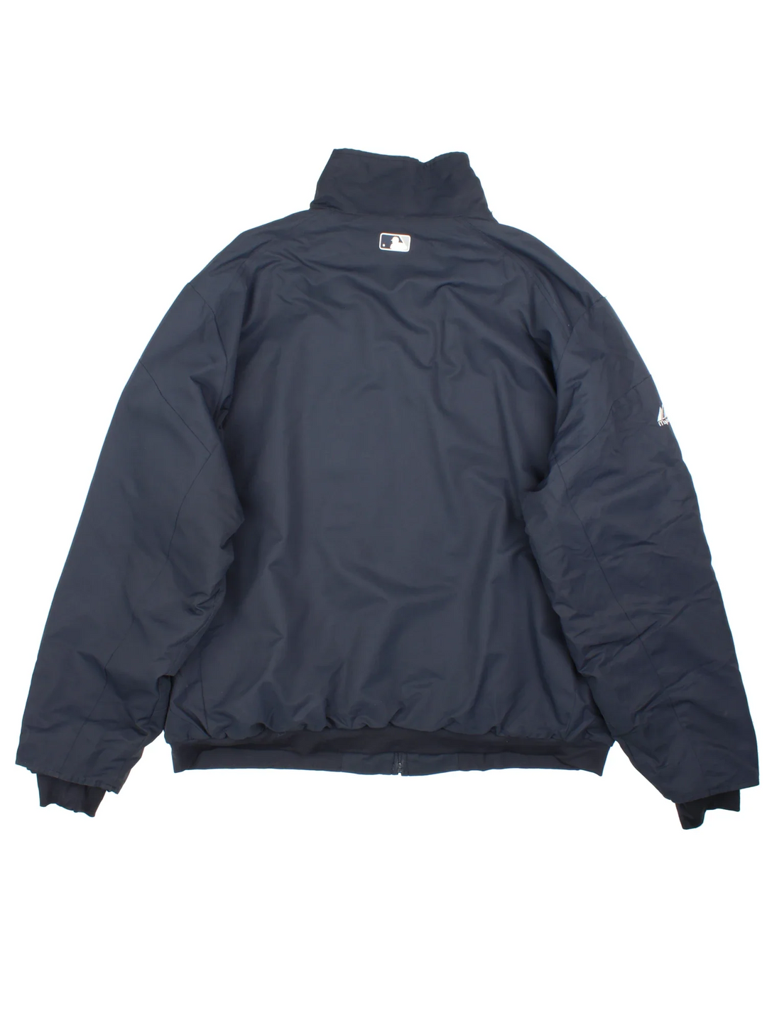 MLB New York Yankees Light Jacket in a blue colourway with full zip up and large text logo across the front. Fleece lining inside and around the collar. Small MLB logo on the back neck.