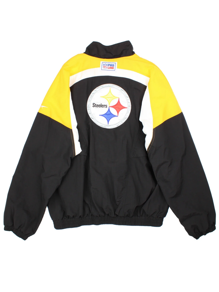 Reebok Pittsburgh Steelers NFL Track Jacket in a black colourway with yellow and white detailing on the sholuders and arms, full zip up with small classic logo on the front and large team logo on the back.
