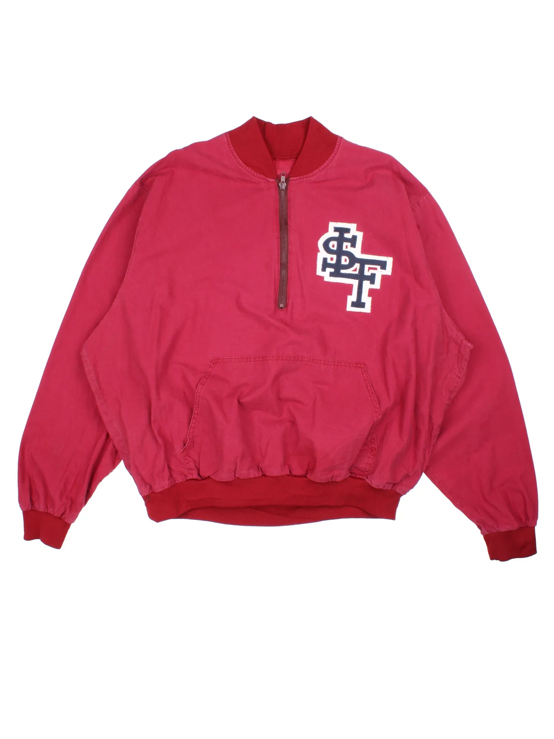 Vintage College Sports Training Top in a red colourway with classic varsity lettering on the front and half zip closure. Large number on the back.