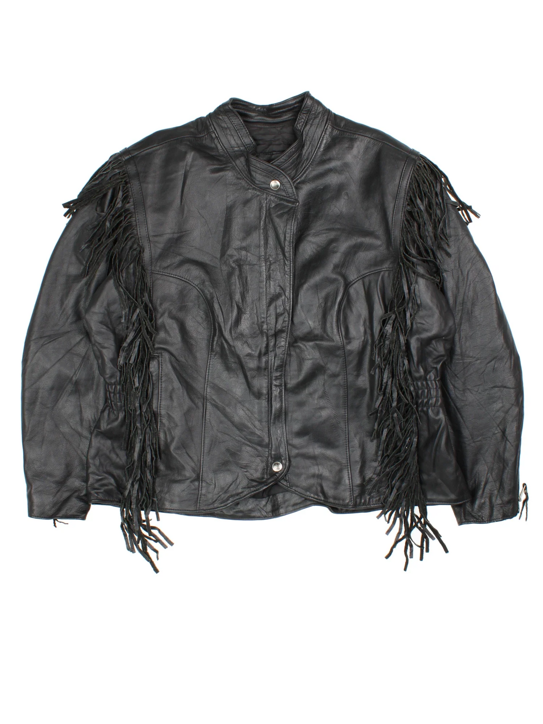 Harley-Davidson Leather Fringe Jacket in a black colourway with full zip and button up front. Fringe detailing on the shoulders and arms. Logo detailing on the back.