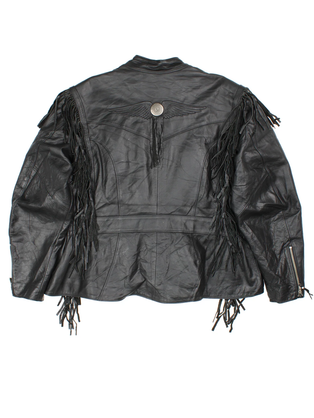 Harley-Davidson Leather Fringe Jacket in a black colourway with full zip and button up front. Fringe detailing on the shoulders and arms. Logo detailing on the back.