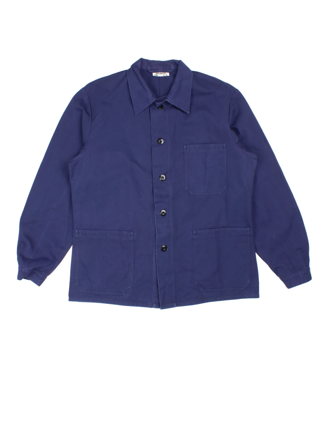Vintage French Chore Work Jacket in a blue colourway. Buttons up and has multiple pockets.