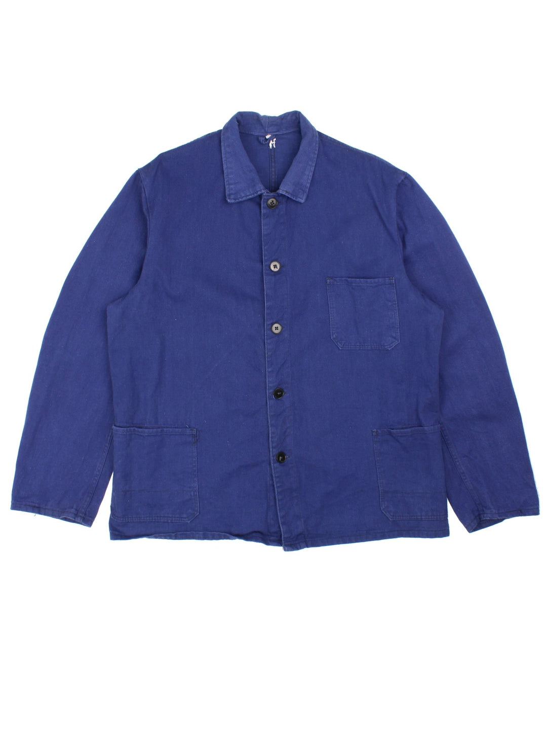 Vintage French Chore Work Jacket in a blue colourway. Buttons up and has multiple pockets.