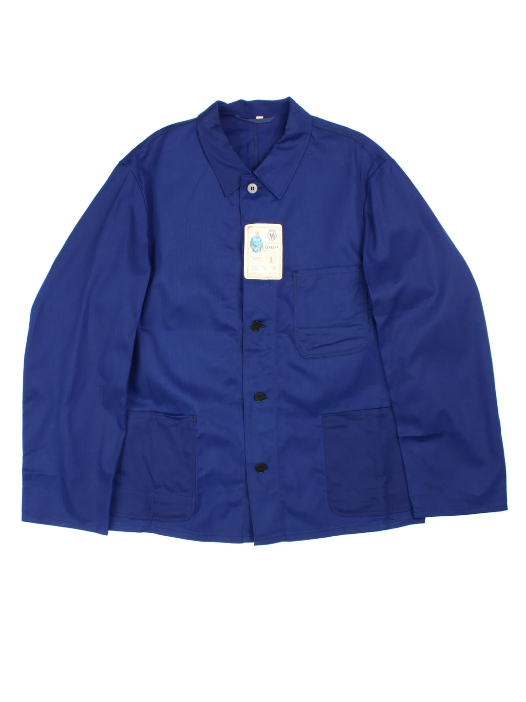 Vintage French Chore Work Jacket in a blue colourway. Buttons up and has multiple pockets.