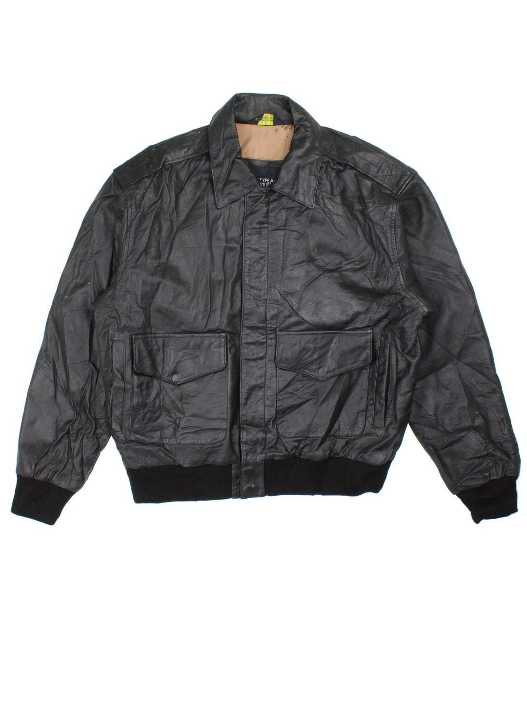 Vintage A-2 Leather Flight Jacket in a black colourway. Zips up and has multiple pockets.