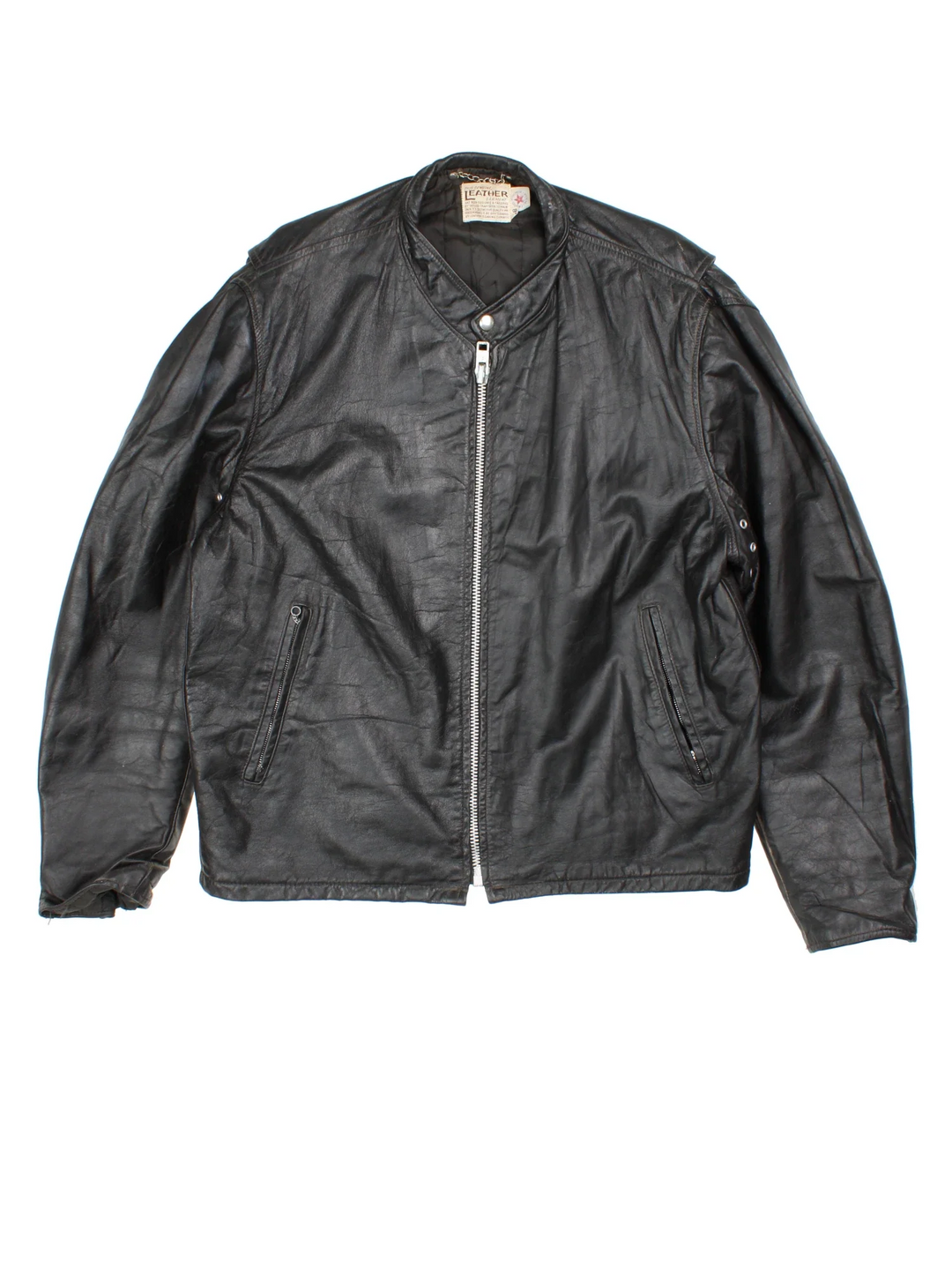 Vintage Leather Biker Jacket in a black colourway. Zips up and has side pockets, and custom Harley Davidson screamin eagle badge patch on the back.