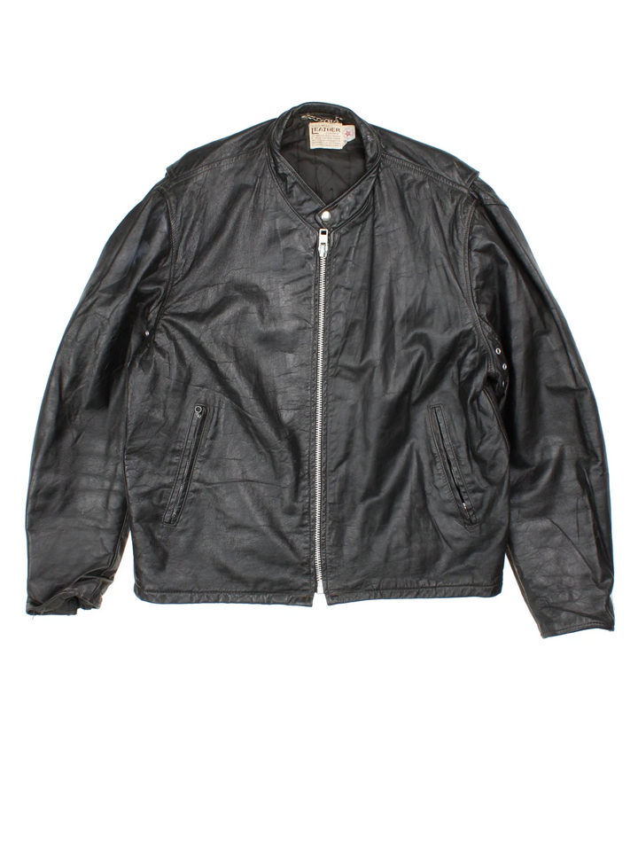 Vintage Leather Biker Jacket in a black colourway. Zips up and has side pockets, and custom Harley Davidson screamin eagle badge patch on the back.